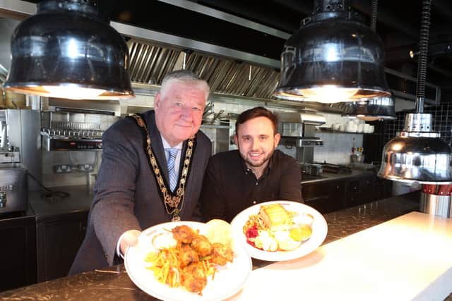 Mayor of Causeway Coast and Glens, Councillor Steven Callaghan pictured with Aaron Boreland from Ramore Restaurants at the launch of the Chef Academy. Credit Causeway Coast and Glens Borough Council