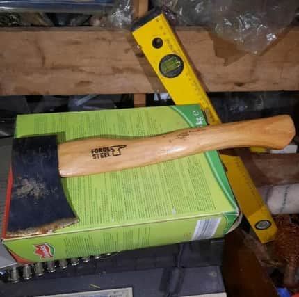 A hatchet was recovered near to where 10 mature trees were chopped down. Pic: PSNI.