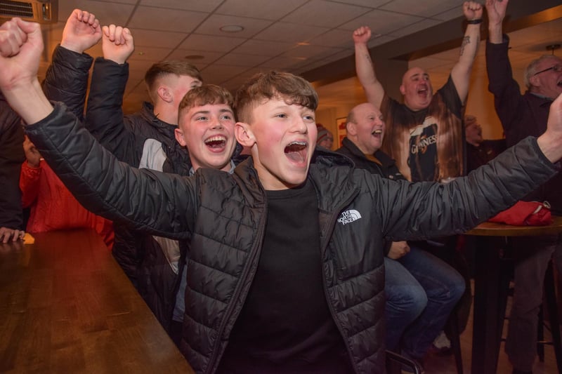 Lifting the roof with cheers as Glentoran secure a 1-1 draw against Linfield on Wednesday night, meaning Larne FC will win the Gibson Cup for the first time tonight (Friday, April 14) if they avoid defeat against Crusaders. Picture: Pacemaker