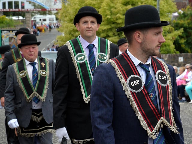 Sir Knights on the march at the RBP Last Saturday parade in Loughgall. TH20.