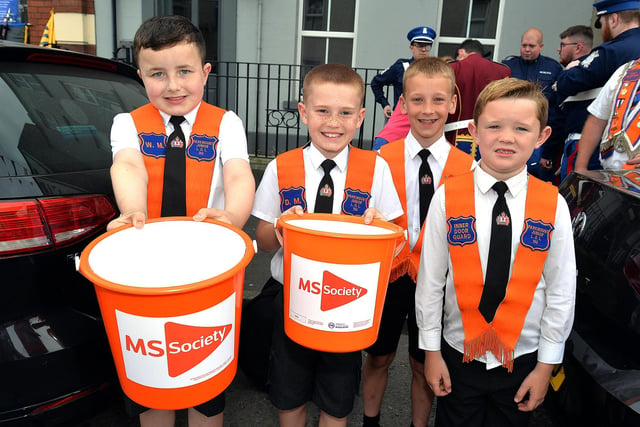 Collecting for The MS Society during Saturday evening's parade were Parkmount Junior LOL members from left, Leighton Mahood,Nathan Proctor, Charlie Steenson and Blane Eccles. PT24-239.