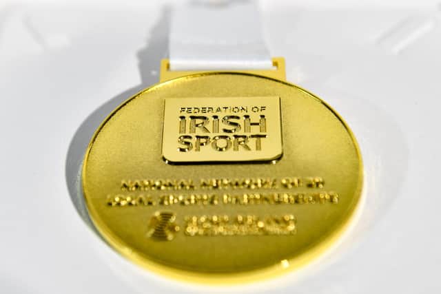 A detailed view of the winners' medals Micky and Katie received