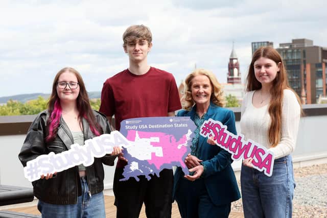 From left: Co Tyrone students Amy Duffy, Jason Booth, Mary Mallon, Head of Education, British Council Northern Ireland and Eve MacGinty.