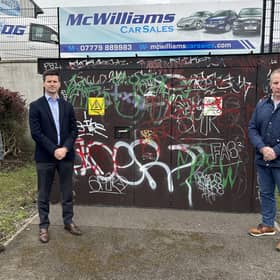 Cllr Kyle Moutray, Jonathan Buckley MLA and Cllr Lavelle McIlwrath at Meadow Lane Electric utility box in Portadown. Credit: Cllr Kyle Moutray
