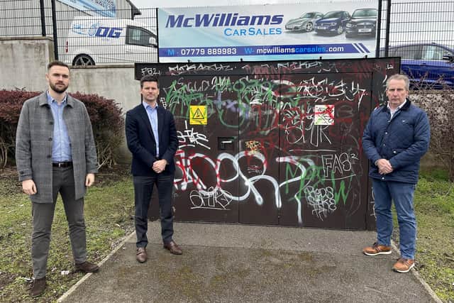 Cllr Kyle Moutray, Jonathan Buckley MLA and Cllr Lavelle McIlwrath at Meadow Lane Electric utility box in Portadown. Credit: Cllr Kyle Moutray