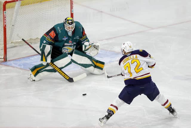 Belfast Giants' #34 Tyler Beskorowany in action against the Guildford Flames
