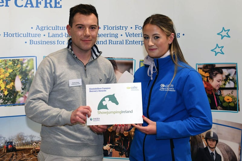 Eimear O’Neill, Strabane, Co Tyrone, received the Show Jumping Ireland Bursary presented by Darren Tracey. Darren is a CAFRE graduate, and the college said it was pleased to welcome him back.