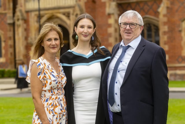 Natasha Savage from Castlewellan, pictured with her parents, graduates with a degree in Maths with Spanish.