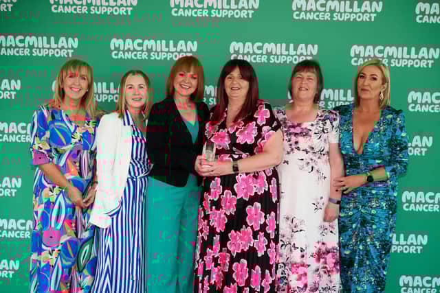 People living with cancer from Northern Ireland win ‘Outstanding Supporter Award’ at Macmillan’s Thanks to You Awards 2023. Pictured left to right are: Michelle McCaughley from Lurgan/Craigavon Co Armagh, Donna Breslin from Derry/Londonderry, Maura McClean (Macmillan Cancer Support) from Omagh/Co Tyrone, Patricia Prosser from Dunmurry/Co Antrim, Bernie McNamee from Newtownstewart/Co Tyrone and Leanne McConnell from Belfast/Co Antrim.