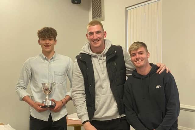 Jake and Frank with Jude Semple, who was presented with the J Millar Cup for Top Try Scorer.