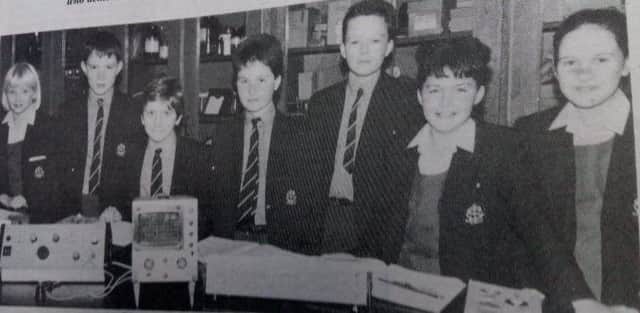 Pictured in the Physics Lab at Larne Grammar School are Gillian, Patricia Jonathan, Mark, Paul, Marc and Judith. 1989.