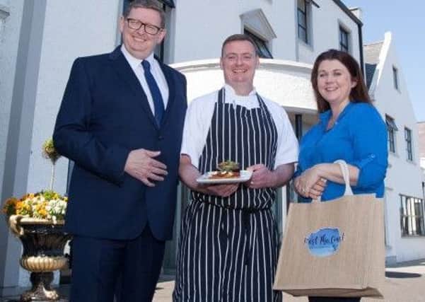 Pic (L-R) General Manager Norman McBride, Head Chef Kevin Osborne at Ballygally Castle with Portia Woods.