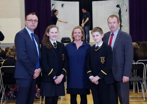 Vice Principal Stephen Fleming with Claire Hutchinson, Diageo,  Keith Buchanan,  MLA and pupils Rebecca Stewart and Daniel Brown