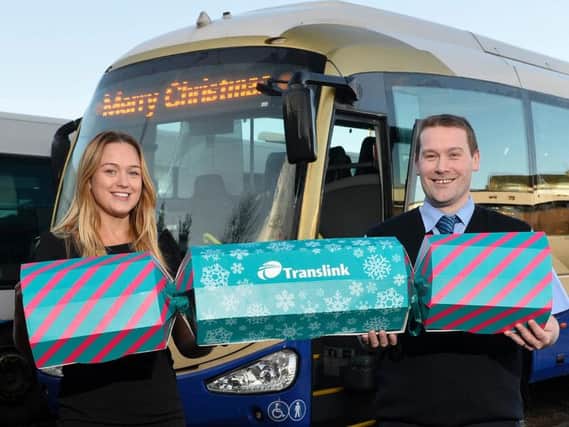 Deputy Mayor, Councillor Cheryl Johnston and Chris McCrory from Translink are pictured launching Translinks festive travel package for Mid and East Antrim residents.