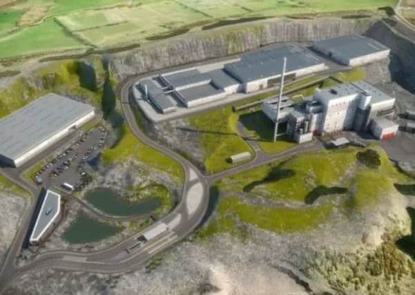 A computer-generated image of the proposed energy from waste plant development at Hightown Quarry.
