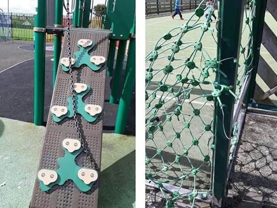 A loose chain on a climbing ramp and (right) damaged football nets.  INCT 49-755-CON