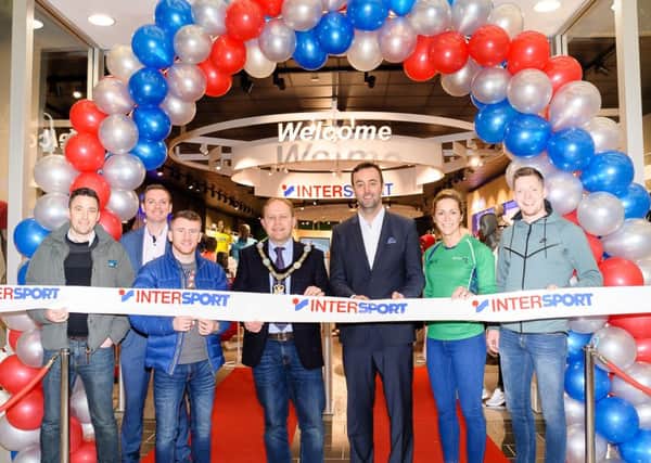 Pictured at the official store launch are. left to right, Ian Humphreys, retired Ulster Rugby player; Thomas Kane, BBC; Paddy Barnes, boxer; Lord Mayor Gareth Wilson; managing director of Sports Merchandising Ireland, Padraic McKeever; Caroline O'Hanlon, Armagh GAA & NI Netball and Conor McManus, GAA AllStar,  Monaghan & Ireland.