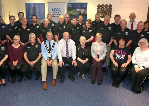 Members of Dundrod & District Motorcycle Club are pictured at the recent mayoral reception with the Mayor, Councillor Tim Morrow; Alderman James Tinsley, Chairman of the Leisure & Community Development Committee with fellow committee members: Alderman Stephen Martin; Councillor Nathan Anderson; Councillor Janet Gray MBE and Deputy Mayor, Councillor Hazel Legge; and Ross Gillanders, Head of Service (Parks & Amenities)