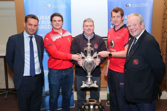 Local club representatives at the draw for the early rounds of the Northern Cricket Unions Arthur J Gallagher Senior Challenge Cup: Lurgans Oliver  McCollum (second left), Stephen Hanna of
Donacloney Mill and Greg Thompson of Waringstown. The draw was made by Shane Matthews, regional managing director of AJG, and the vice president of the NCU, Richard Johnson.