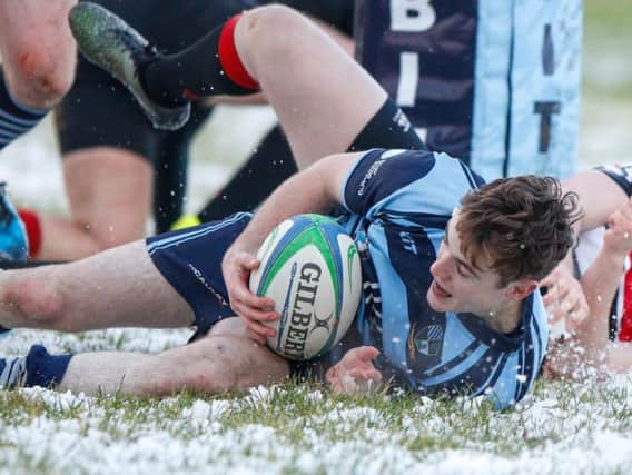 Try for Ballymoney in their 45-12 win over Limavady. Photo Credit: Graham Service