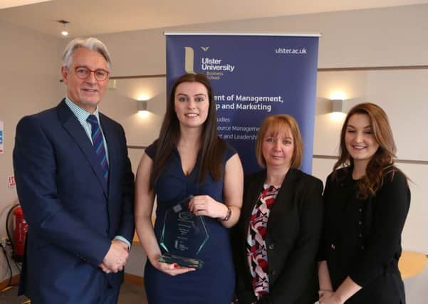 Sara Coulter (second left) receives her awards from Mark Nodder, CEO Wrights Group Ltd and Elaine Magill, (right) Envision Management Consultants, watched by Course Director, Dr Andrea Reid.