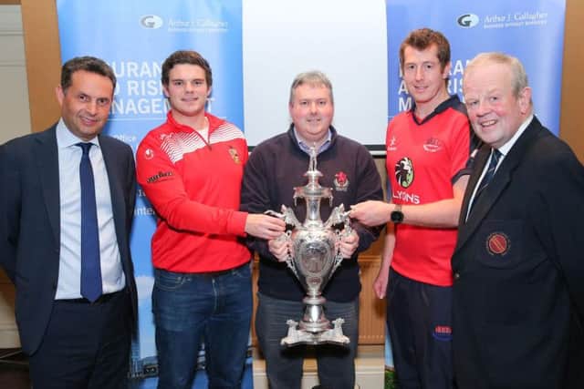 Lurgans Oliver McCollum (second left), Stephen Hanna of...Donacloney Mill and Greg Thompson of Waringstown pictured at the draw for the Northern Cricket Unions Arthur J Gallagher Senior Challenge Cup. The draw was made by Shane Matthews, regional managing director of AJG, and the vice president of the NCU, Richard Johnson.