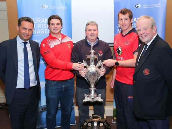 Lurgans Oliver McCollum (second left), Stephen Hanna of...Donacloney Mill and Greg Thompson of Waringstown pictured at the draw for the Northern Cricket Unions Arthur J Gallagher Senior Challenge Cup. The draw was made by Shane Matthews, regional managing director of AJG, and the vice president of the NCU, Richard Johnson.