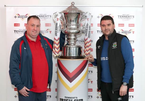 Glebe Rangers manager Jason Wilmont and Linfield manager David Healy at the draw for the fifth round of the Irish Cup.