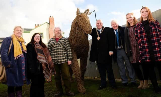 The sculpture was unveiled at the official opening event at The Bank House, Whitehead. Pictured are : Elaine Burke (Welig crafts) Nicola Fitzsimons (KNIB) Clive Lyttle (Welig) Mayor Paul Reid, Bill Pollock (Brighter Whitehead) Marlene Gattineau & Alison Diver (MEA)