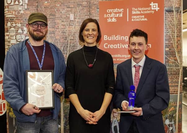 Belfast Met Student Ray Walsh, from Larne, (right) who won the Student of the Year title at the recent creative and cultural skills
show and teacher Gareth Stewart (left) who was also highly commended in the Creative Tutor category.