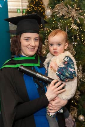 Breena Hasson from Kilrea with baby daughter Cate at Northern Regional Colleges annual graduation ceremonies. Breena graduated with a Foundation Degree in Building Technology and Management with distinction