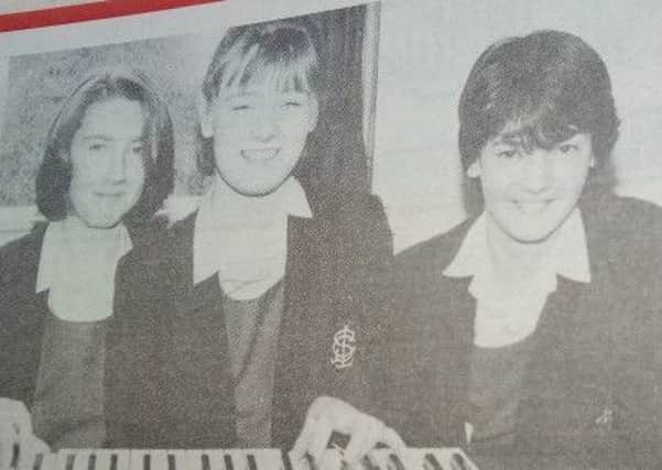 At the keyboard in the music department of Larne Grammar are Claire, Karen,  Gillian, Joanna and Kerensa, 1989
