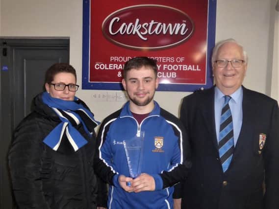 Coleraine Man of the Match, David Greatorex, presented with the 'Tom McClelland Memorial Award' by Louise Morrow following the CIYMS game on Saturday. Also pictured is Brian Reid, Hon Life President, Coleraine RFCC.