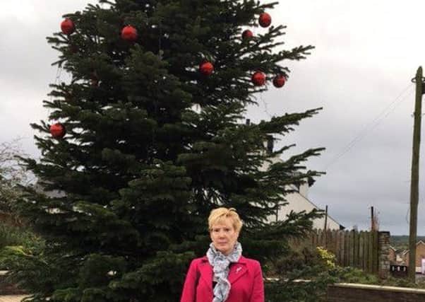 Cllr Janet Gray MBE at the Christmas tree in Dromara village.