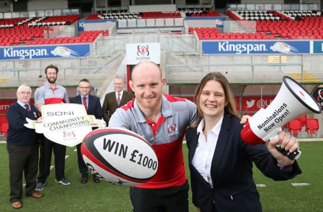 Pictured at the launch was (front) Ulster prop Jonny Simpson with Lynne Reid, SONI (Back from left) Last years winner of the adult category John Curry, Ulster Rugbys Peter Browne, Chris Webster, Domestic Rugby Manager at Ulster Rugby and Gary McFarlane last years winner of the youth/mini category.