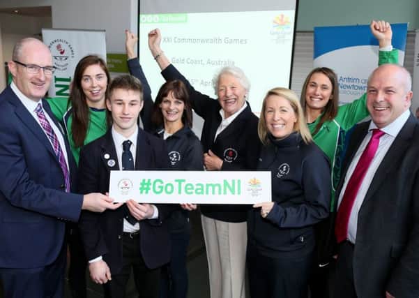 Pictured at the announcement of Team NI for the XXI Commonwealth Games are (l-r) Brendan Courtney, Head of Sports Services, Lisburn and Castlereagh City Council; Fionnaula Toner (Netball), Ewan McAteer (Gymnastics), Mandy McMaster, General Team Manager, Dame Mary Peters, CH, DBE, Patron of Northern Ireland Commonwealth Games Council; Elaine Rice (Netball Coach), Niamh Cooper (Netball) and Alderman James Tinsley, Chairman of LCCC's Leisure and Community Development Committee.