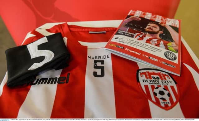 A general view of a black armband and match jersey, with the number 5 in honour of former Derry City captain Ryan McBride.