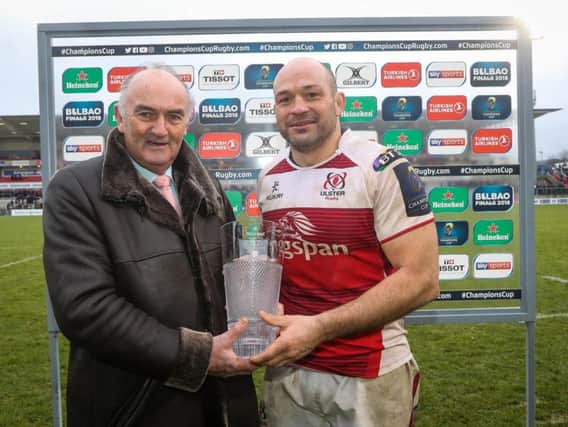 Ulster captain Rory Best is presented with the man of the match award by Pat Maher of Heineken after the win over La Rochelle