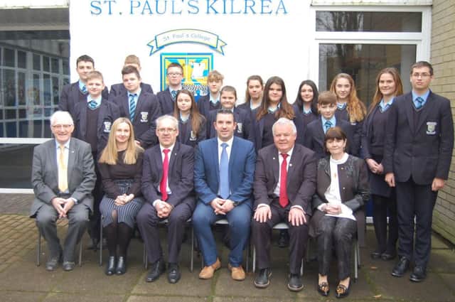 The Polish Consul General, Dariusz Adler, accompanied by the Honorary Consul of the Republic of Poland, Jerome Mullan, and  John Dallat, MLA, visited St Pauls College, Kilrea to meet with the Polish students.  
Mr Adler discussed his role and talked to students about studying GCSE Polish in St. Pauls and the Polish community in general in Northern Ireland.  The school is very grateful to Mr Dallat who arranged the visit.  Also included in the photo are Gosia OHagan and Mrs Anne Dallat.