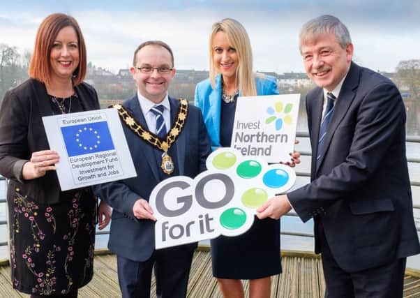 Cllr Paul Hamill launches the Go For It programme with Alison Currie, Enterprise Northern Ireland, Emma Garrett, Mallusk Enterprise Park and David Gillespie, LEDCOM.