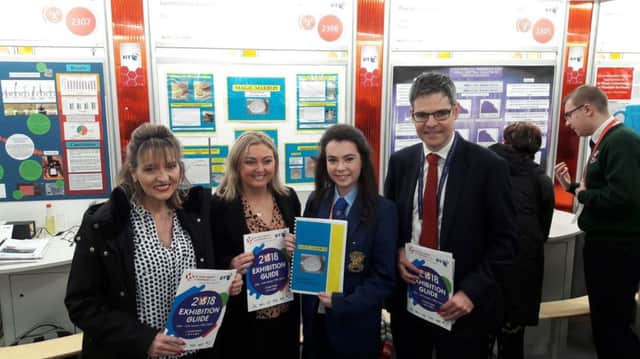 Loreto College student Susan McKendry, whose project was Highly Commended at the 2018 BT Young Scientist and Technology Exhibition, pictured with Martina Anderson MEP, Karen Mullan MLA and Padraig Whelton of BT.