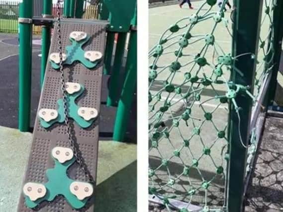 A loose chain on a climbing ramp and (right) damaged football nets. INCT 49-755-CON