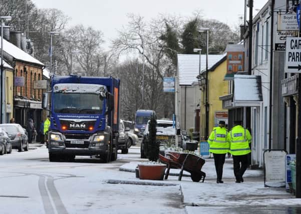 Scene of a road accident in the north Antrim village of Broughshane. The accident happened in the Main Street of the village which remains closed. It is believed a pedestrian was struck by a bin lorry.