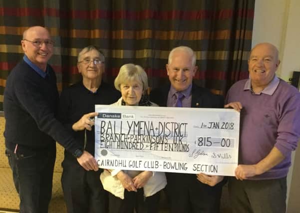 Cairndhu Golf Club (Bowling Section) presenting a cheque for Â£815 to the Ballymena and District Branch Parkinsons UK.
Pictured handing over the donation are (from left to right) Stephen Gibson, Ronnie Ferguson, Mrs. Adaline Ferguson and Maurice Adams (both from Parkinsons Branch) and Sammy Mills.