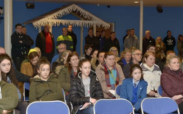 A section of the attendance, at the Gasyard Centre on Wednesday evening last, to hear details of the proposal from The Ryan McBride Foundation that Brandywell Stadium should be renamed The Ryan McBride Stadium. DER0318GS006