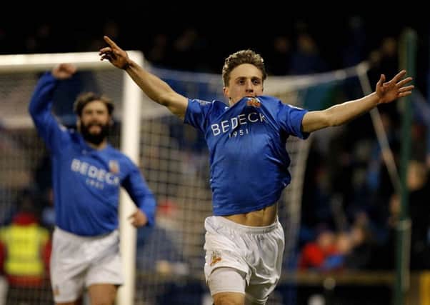 Joel Cooper celebrates a goal for Glenavon. Pic by Pacemaker.