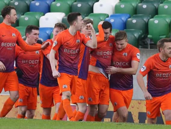 Glenavon Andrew Mitchell celebrates his goal against Linfield