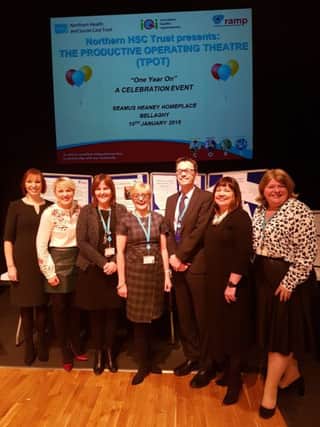 L to R - Jennifer Welsh (Deputy Chief Executive), Blaithnid Hughes (Service Improvement Manager Elective Care), Pauline McGaw (General Manager, Theatres), Mary Drummond, (TPOT Lead), Neil Martin (Assistant Director Acute Services), Kate Agnew (Lead Nurse, Theatres) and Margaret OHagan (Director, Surgical and Clinical Services) all attended and spoke at the Celebration Event held at Seamus Heaney Homeplace.