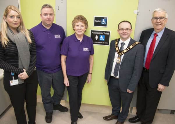 Cllr Paul Hamill at the accessible facilities at V36 in the Valley Park with Ellen Boyd (Customer Accessibility Officer), Brian Ritchie (Crohns and Colitis UK NI Network team member), Audrey Derby (Crohns and Colitis UK NI Network Co-Chair) and Cllr Drew Ritchie.