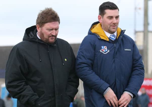 Portadown manager Niall Currie (left) and Loughgall boss Dean Smith. Pic by Pacemaker.